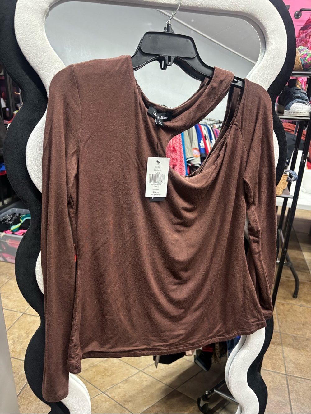 Lea & Viola Brown Asymmetric Cutout Long-Sleeve Top